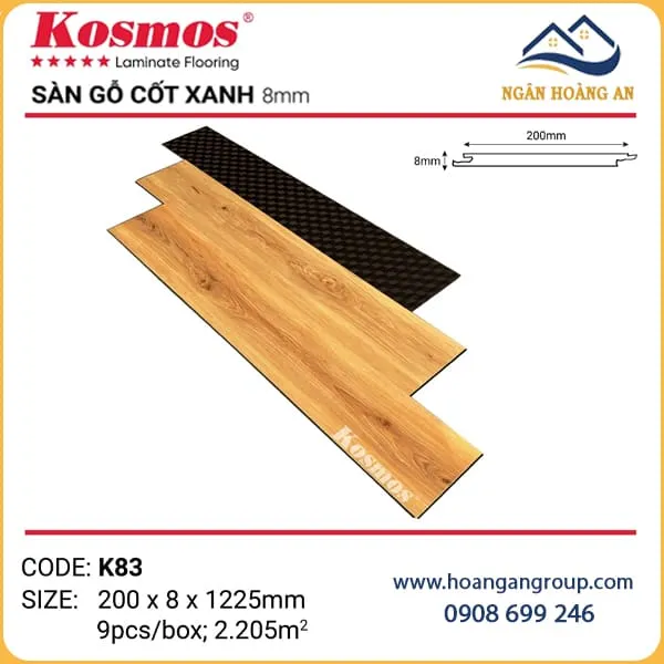 Sàn Gỗ Công Nghiệp Kosmos Cốt Xanh 8mm K83 Sàn Gỗ Công Nghiệp Kosmos Cốt Xanh 8mm K83