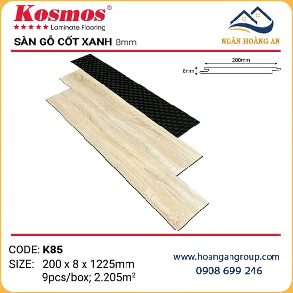 Sàn Gỗ Công Nghiệp Kosmos Cốt Xanh 8mm K85 Sàn Gỗ Công Nghiệp Kosmos Cốt Xanh 8mm K85