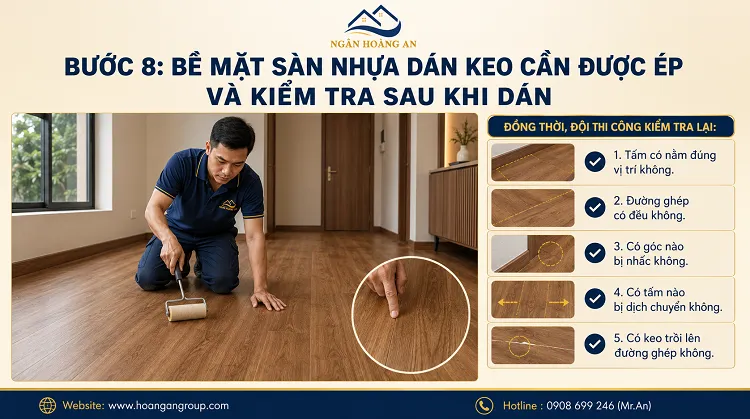 Bước 8: Bề Mặt Sàn Nhựa Dán Keo Cần Được Ép Và Kiểm Tra Sau Khi Dán Bước 8: Bề Mặt Sàn Nhựa Dán Keo Cần Được Ép Và Kiểm Tra Sau Khi Dán