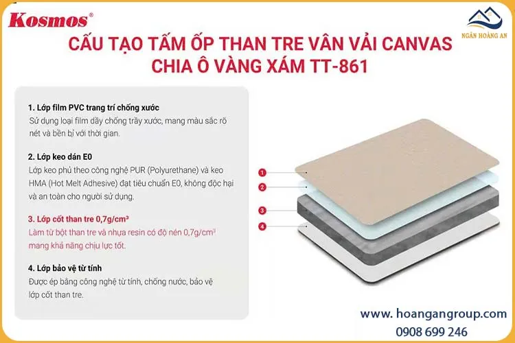 Cấu Tạo Tấm Than Tre Vân Vải Vàng Ánh Kim Chia Ô Xám Kosmos TT-861