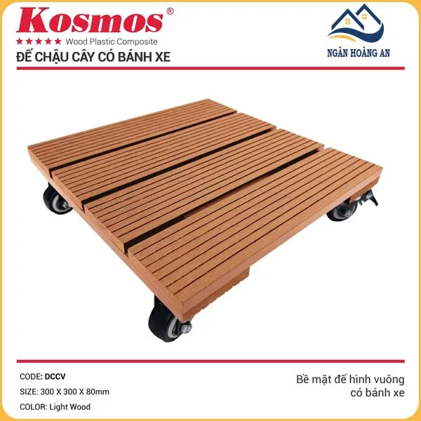 Đế Lót Chậu Cây Có Bánh Xe Gỗ Nhựa Ngoài Trời Kosmos Vuông Light Wood