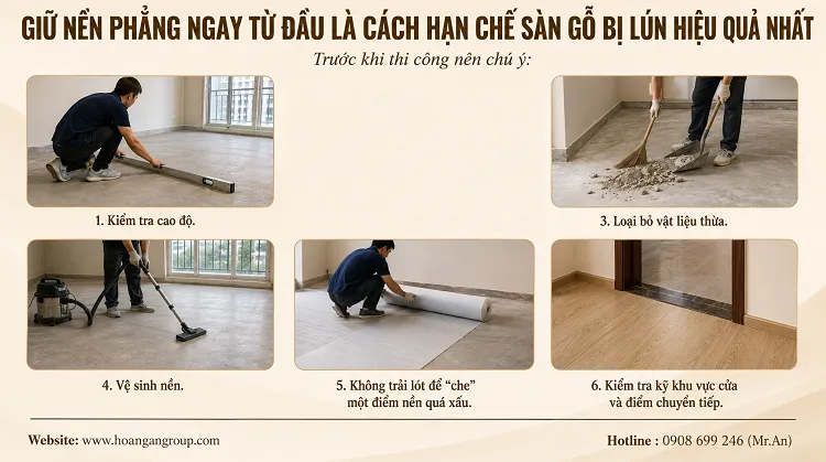 Giữ Nền Phẳng Ngay Từ Đầu Là Cách Hạn Chế Sàn Gỗ Bị Lún Hiệu Quả Nhất