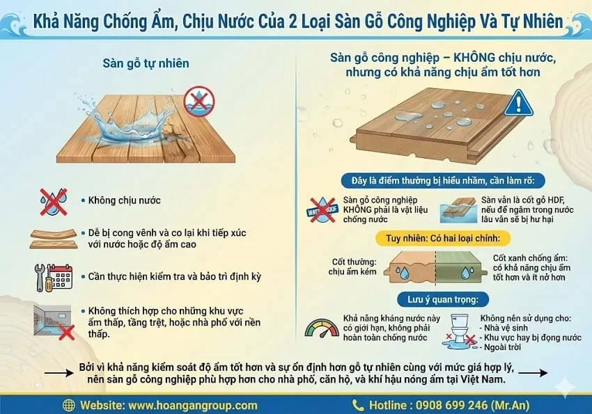 Khả Năng Chống Ẩm, Chịu Nước Của 2 Loại Sàn Gỗ Công Nghiệp Và Tự Nhiên