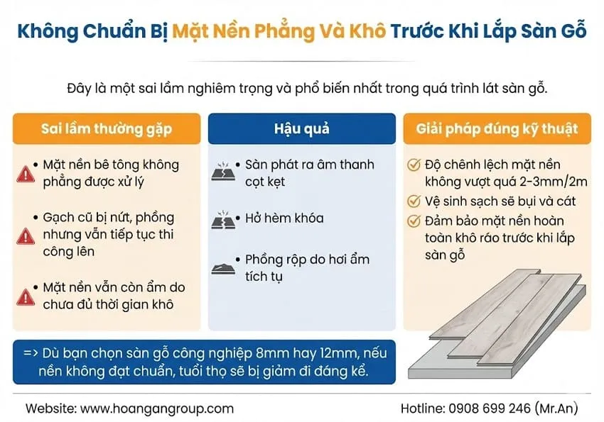 Không Chuẩn Bị Mặt Nền Phẳng Và Khô Trước Khi Lắp Sàn Gỗ