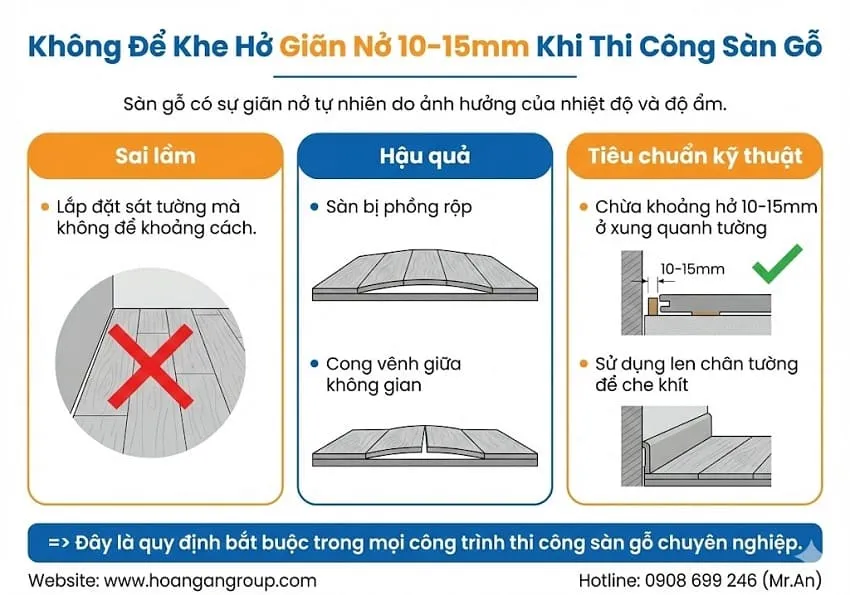 Không Để Khe Hở Giãn Nở 10–15mm Khi Thi Công Sàn Gỗ