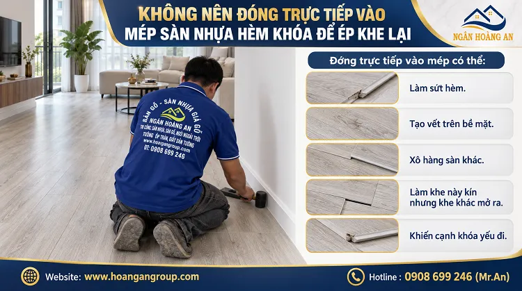 Không Nên Đóng Trực Tiếp Vào Mép Sàn Nhựa Hèm Khóa Để Ép Khe Lại Không Nên Đóng Trực Tiếp Vào Mép Sàn Nhựa Hèm Khóa Để Ép Khe Lại