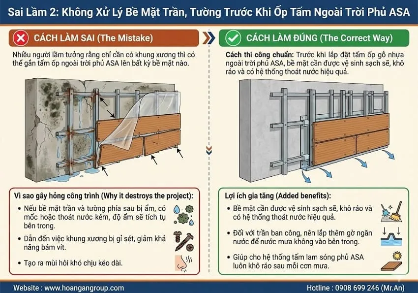 Sai Lầm 2: Không Xử Lý Bề Mặt Trần, Tường Trước Khi Ốp Tấm Ngoài Trời Phủ ASA