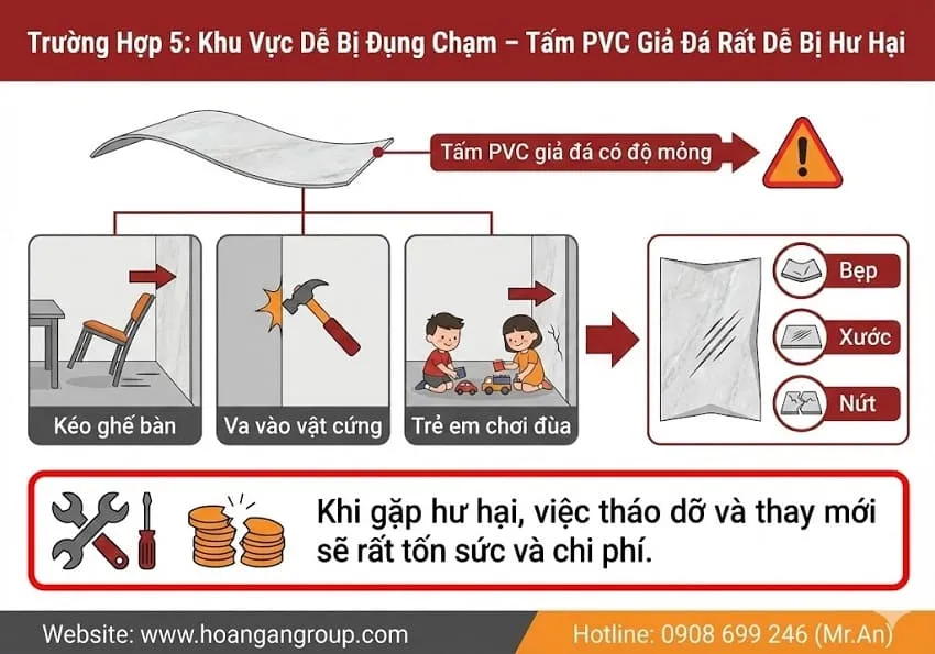 Trường Hợp 5: Khu Vực Dễ Bị Đụng Chạm – Tấm PVC Giả Đá Rất Dễ Bị Hư Hại
