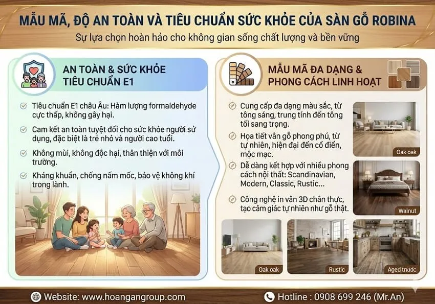 Mẫu Mã, Độ An Toàn Và Tiêu Chuẩn Sức Khỏe Của Sàn Gỗ Robina