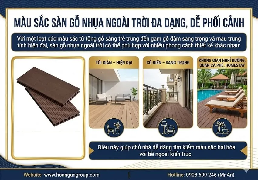Màu Sắc Sàn Gỗ Nhựa Ngoài Trời Đa Dạng, Dễ Phối Cảnh