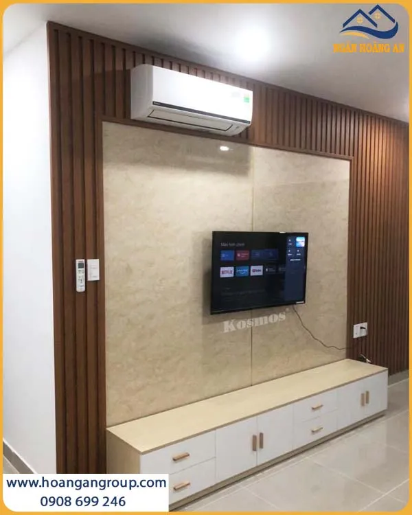 Vách Tivi Hiện Đại Kết Hợp Tấm PVC Giả Đá Và Lam Sóng