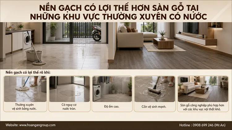Nền Gạch Có Lợi Thế Hơn Sàn Gỗ Tại Những Khu Vực Thường Xuyên Có Nước