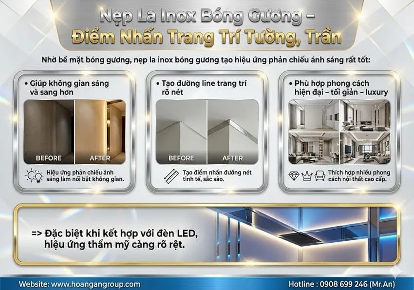 Nẹp La Inox Bóng Gương – Điểm Nhấn Trang Trí Tường, Trần Nẹp La Inox Bóng Gương – Điểm Nhấn Trang Trí Tường, Trần