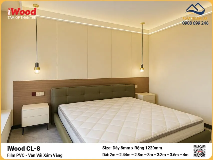 Ốp Than Tre iWood CL-8 Vân Vải Xám Vàng Trang Trí Phòng Ngủ