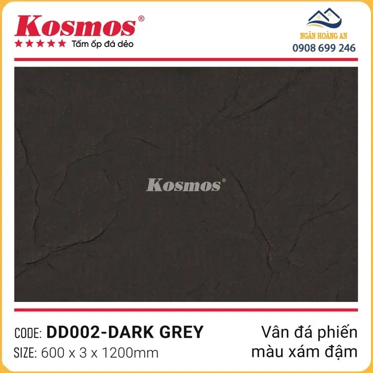 Ốp Tường Đá Dẻo Chống Thấm Kosmos 3mm DD002 Vân Đá Phiến Xám Đậm