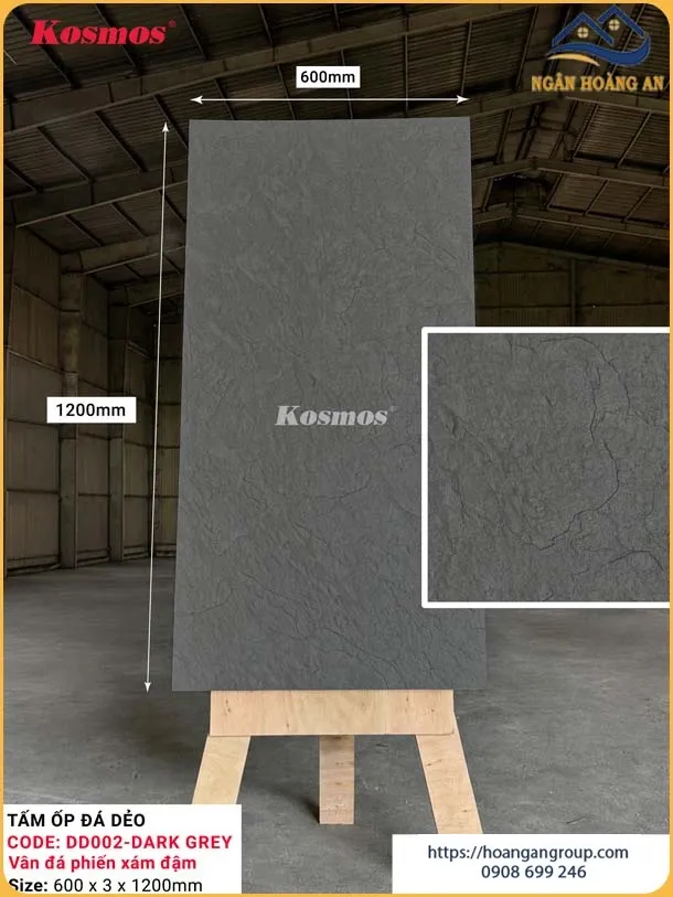 Ốp Tường Đá Dẻo Chống Thấm Kosmos 3mm DD002 Vân Đá Phiến Xám Đậm