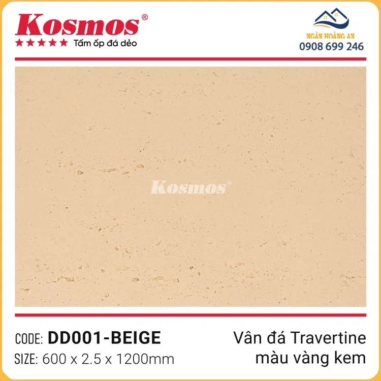 Ốp Tường Đá Dẻo Kosmos 2.5mm DD001 Vân Travertine Vàng Kem