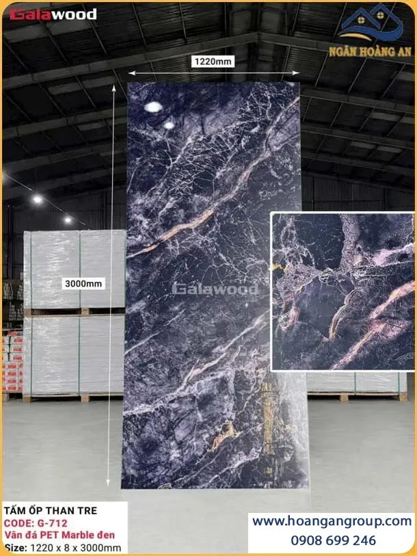 Ốp Tường Sợi Than Tre Galawood G-712 Vân Đá PET Marble Đen