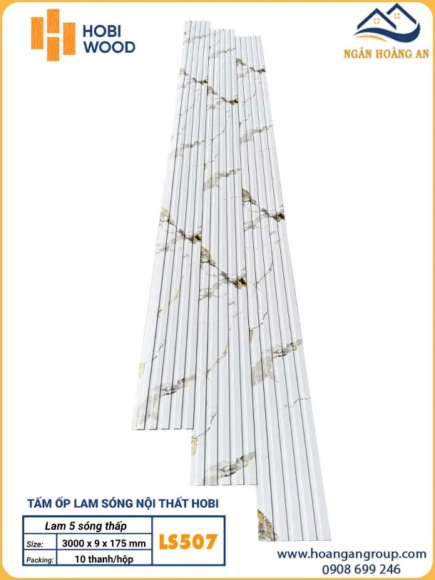 Ốp Tường Lam Sóng HobiWood LS507 Vân Đá Trắng Vàng