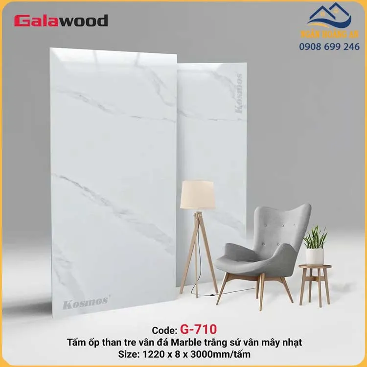 Ốp Tường Sợi Than Tre Galawood Vân Đá PET Trắng Sứ Mây Nhạt 8mm G-710