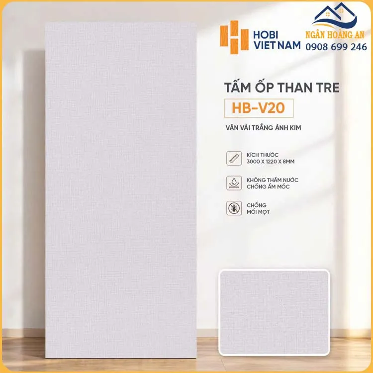 Ốp Tường Sợi Than Tre HobiWood 8mm HB-V20 Vân Vải Trắng Ánh Kim
