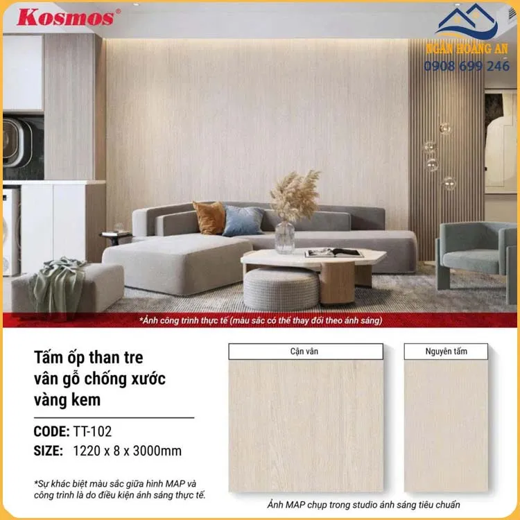 Tấm Than Tre Kosmos 8mm TT-102 Vân Gỗ Chống Xước Vàng Kem