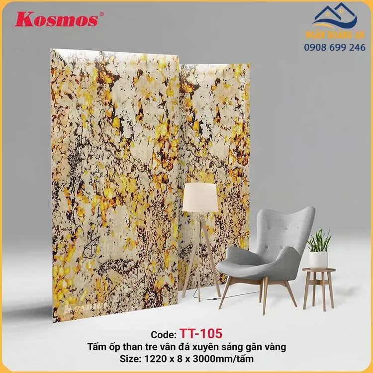 Ốp Tường Sợi Than Tre Kosmos TT-105 Vân Đá PET Xuyên Sáng Gân Vàng