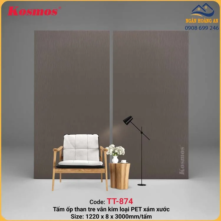 Tấm Ốp Sợi Than Tre Vân Kim Loại PET Xám Xước Kosmos TT-874 Tấm Ốp Sợi Than Tre Vân Kim Loại PET Xám Xước Kosmos TT-874