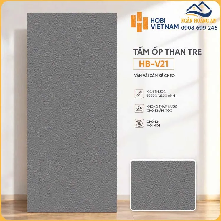 Ốp Tường Than Tre Đa Năng HobiWood HB-V21 Vân Vải Xám Đậm Kẻ Chéo