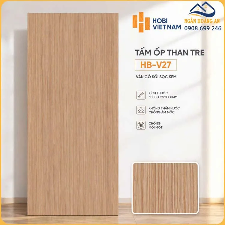 Ốp Tường Than Tre Đa Năng HobiWood HB-V27 Vân Gỗ Sồi Sọc Kem