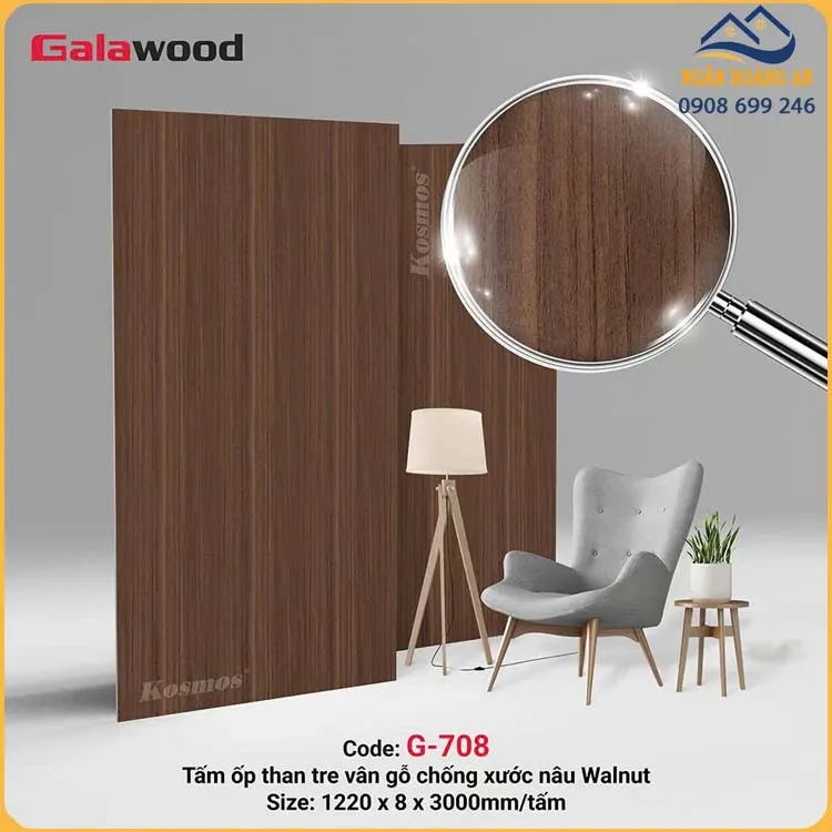 Ốp Tường Than Tre Galawood 8mm G-708 Vân Gỗ Chống Xước Nâu Walnut