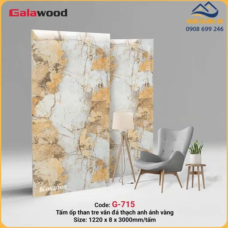 Ốp Tường Than Tre Galawood G-715 Vân Đá PET Thạch Anh Ánh Vàng