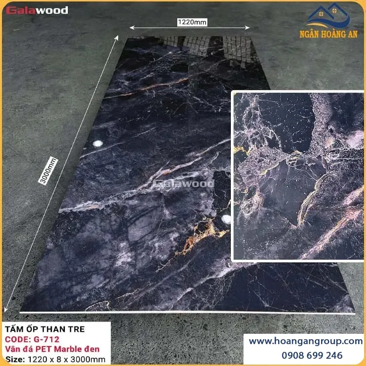 Ốp Tường Đa Năng Sợi Than Tre Galawood G-712 Vân Đá PET Marble Đen