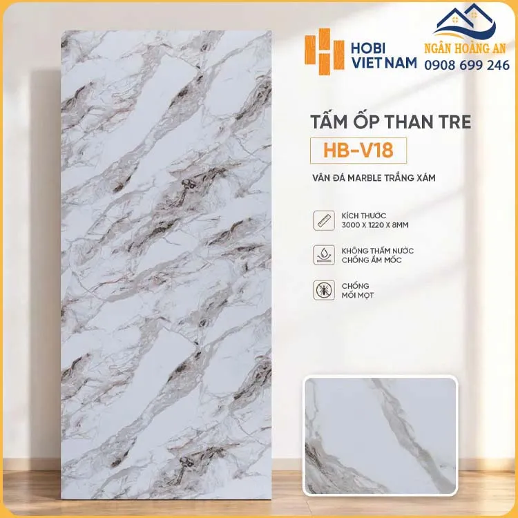 Ốp Tường Than Tre HobiWood 8mm HB-V18 Vân Đá Marble Trắng Xám Ốp Tường Than Tre HobiWood 8mm HB-V18 Vân Đá Marble Trắng Xám