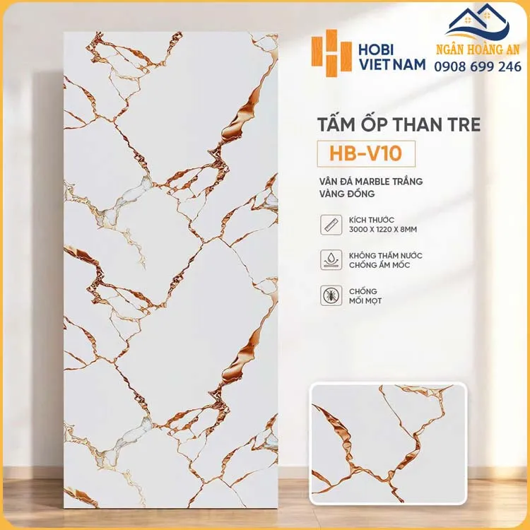 Ốp Tường Than Tre HobiWood HB-V10 Vân Đá Marble Trắng Vàng Đồng Ốp Tường Than Tre HobiWood HB-V10 Vân Đá Marble Trắng Vàng Đồng