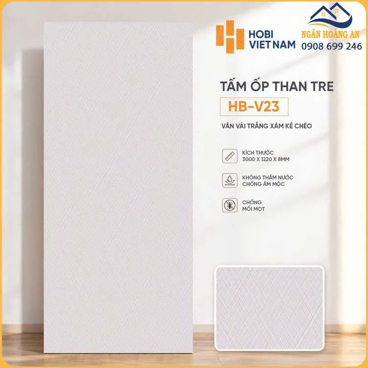 Ốp Tường Than Tre HobiWood HB-V23 Vân Vải Trắng Xám Kẻ Chéo