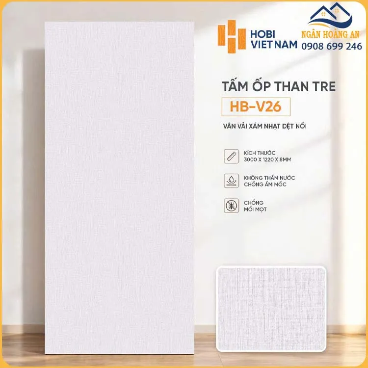 Ốp Tường Than Tre HobiWood HB-V26 Vân Vải Xám Nhạt Dệt Nổi