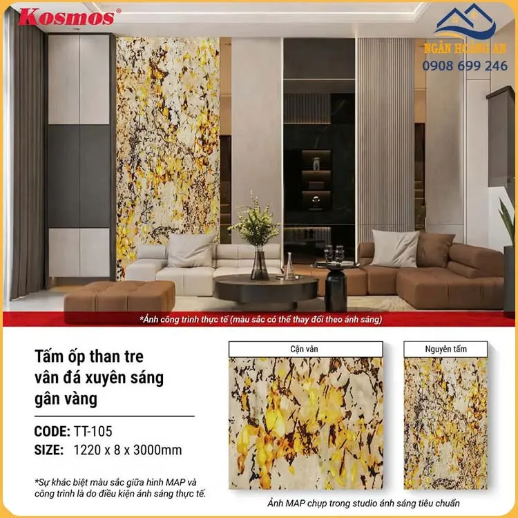 Tấm Ốp Than Tre Kosmos TT-105 Vân Đá PET Xuyên Sáng Gân Vàng