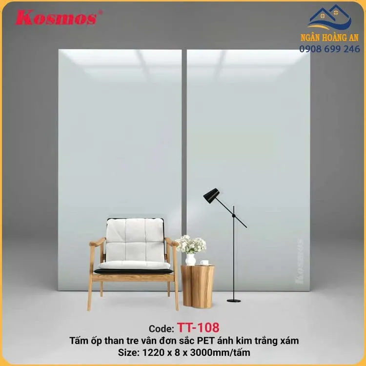 Ốp Tường Than Tre Kosmos TT-108 Vân Đơn Sắc PET Ánh Kim Trắng Xám