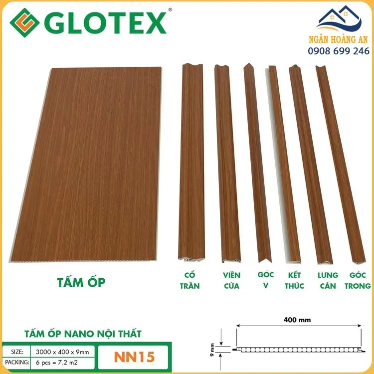 Ốp Tường Trần Nano 9mm Glotex NN15 Vân Gỗ Teak Nâu Vàng