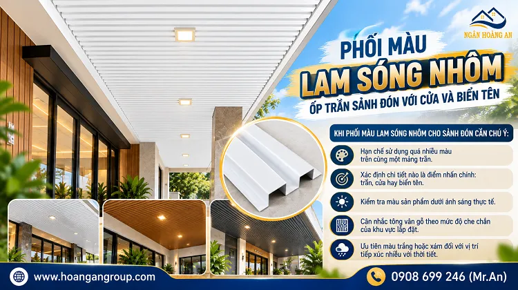 Phối Màu Lam Sóng Nhôm Ốp Trần Sảnh Đón Với Cửa Và Biển Tên Phối Màu Lam Sóng Nhôm Ốp Trần Sảnh Đón Với Cửa Và Biển Tên