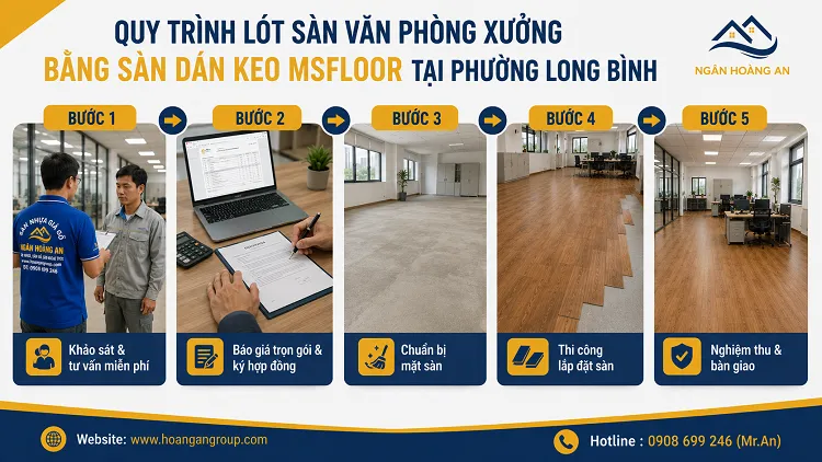 Quy Trình Lót Sàn Văn Phòng Xưởng Bằng Sàn Dán Keo MsFloor Tại Phường Long Bình