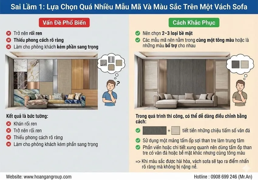 Sai Lầm 1: Lựa Chọn Quá Nhiều Mẫu Mã Và Màu Sắc Trên Một Vách Sofa Sai Lầm 1: Lựa Chọn Quá Nhiều Mẫu Mã Và Màu Sắc Trên Một Vách Sofa