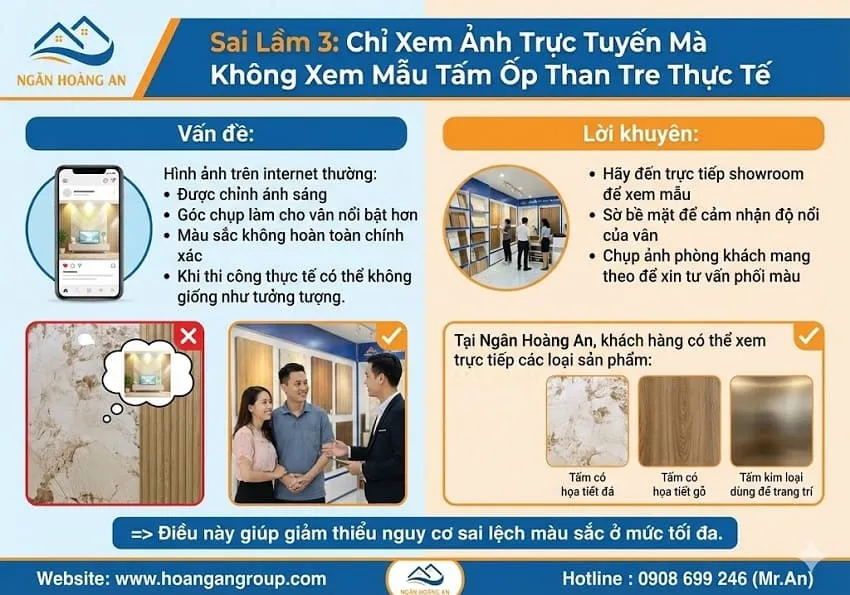 Sai Lầm 3: Chỉ Xem Ảnh Trực Tuyến Mà Không Xem Mẫu Tấm Ốp Than Tre Thực Tế Sai Lầm 3: Chỉ Xem Ảnh Trực Tuyến Mà Không Xem Mẫu Tấm Ốp Than Tre Thực Tế