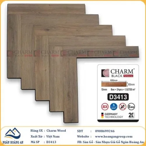 Sàn Gỗ Xương Cá Charm D3413 Cốt Đen Dày 12mm