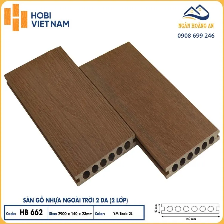 Sàn Gỗ Nhựa Lỗ Tròn 2 Da Ngoài Trời Hobiwood HB662 YM Teak
