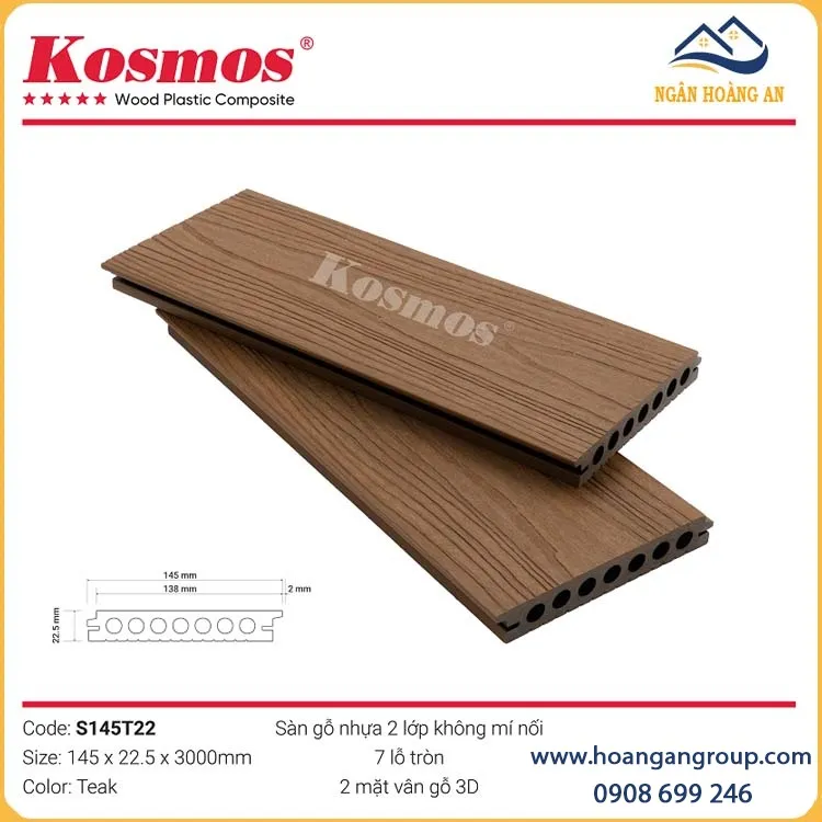 Sàn Gỗ Nhựa Lỗ Tròn 2 Da Ngoài Trời Kosmos S145T22 Teak Sàn Gỗ Nhựa Lỗ Tròn 2 Da Ngoài Trời Kosmos S145T22 Teak