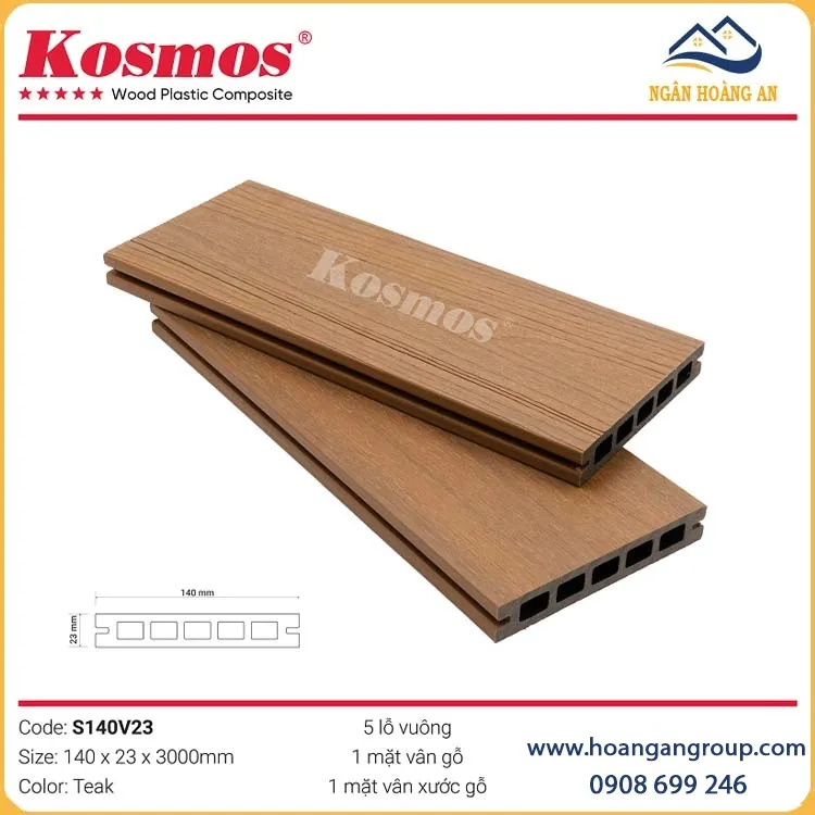 Sàn Gỗ Nhựa Lỗ Vuông 2 Lớp Phủ Polymer Kosmos S140V23 Teak Sàn Gỗ Nhựa Lỗ Vuông 2 Lớp Phủ Polymer Kosmos S140V23 Teak