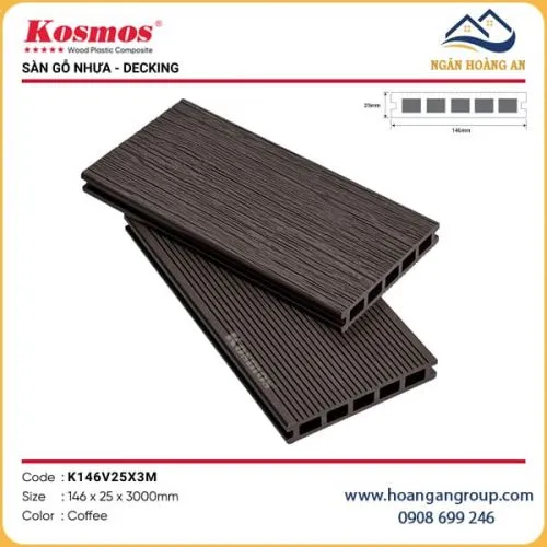  Sàn Gỗ Nhựa Kosmos 5 Lỗ Vuông Vân Tự Nhiên 3D K146V25 Coffee 