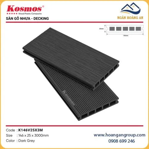  Sàn Gỗ Nhựa Kosmos 5 Lỗ Vuông Vân Tự Nhiên 3D K146V25 Dark Grey 